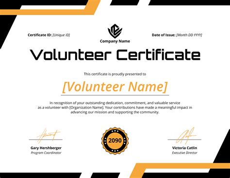 Yellow and Black Volunteer Certificate Template - Highfile