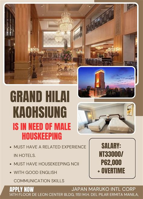Job Hiring: Grand Hi-Lai Hotel Kaohsiung in Taiwan is now hiring Housekeeper, Room Attendant ...