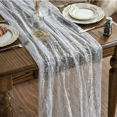 3Pcs White Silver Gauze Table Runner 120 Inch 10FT, Glitter Metallic ...