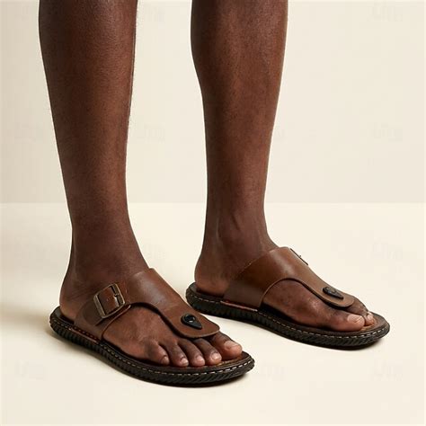 Men's Faux Leather Buckle Thong Sandals Adjustable Open-Toe Comfort ...