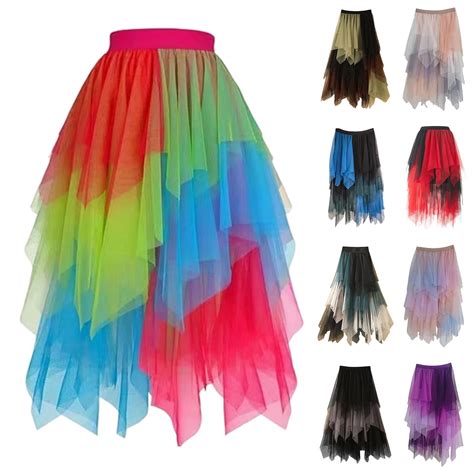Ailaofu Women's Fashion Tulle Midi Skirt Formal High Low Asymmetrical Elastic Waist Layered ...