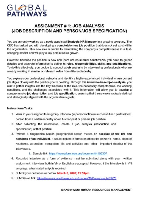 MAN301WSU: Job Analysis Assignment Guidelines for HR Management - Studocu