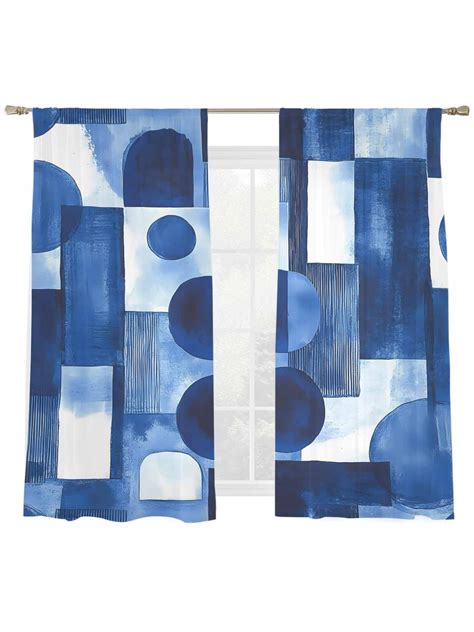Abstract Color Block Window Sheer Curtain Blue White Square Geometric Vintage Semi Curtain ...