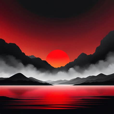 Vibrant Red Sunset Over Water and Silhouetted Mountains | Deep Dream ...