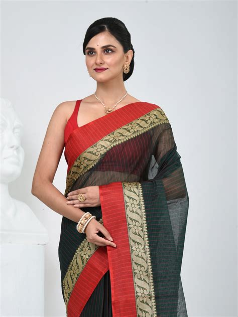 Classic Bottle Green and Red Striped Tant Saree with Intricate Borders ...