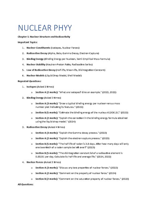 NUCLEAR PHYY Chapter 1: Key Topics on Structure & Radioactivity - Studocu