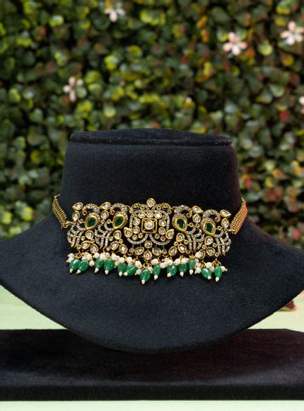 Choker peacock design with emerald & cz stones and beads hangings in ...