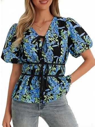 Cicy Bell Womens Puff Sleeve Tie Front Tops Summer Babydoll Peplum V ...