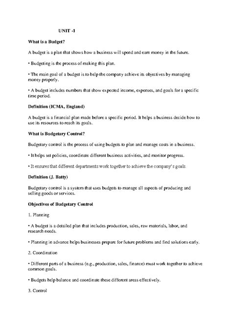 Unit 1 - Understanding Budgets and Budgetary Control in Cost ...
