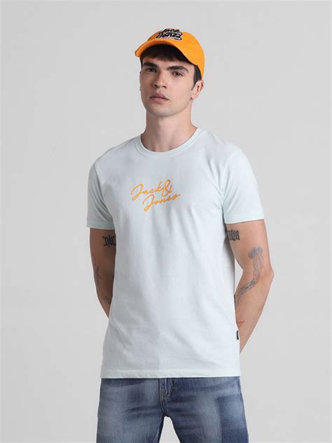 Light Blue Logo Print Cotton T-shirt