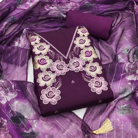 Ethnic Wine Floral Thread Embroidered Roman Cotton Silk Dress Material