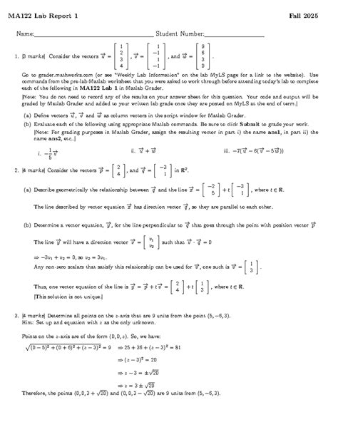 MA122 Lab 1 Report: Vector Analysis and Matlab Grader Solutions - Studocu