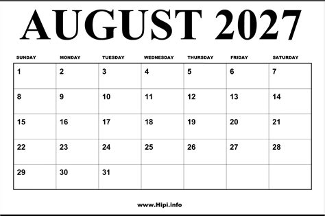 2027 August Calendar with holidays - Hipi.info