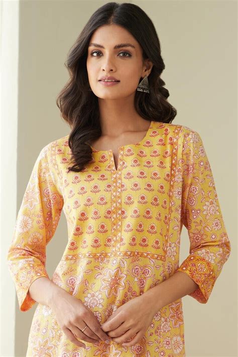 Buy Yellow Hand Printed Cotton Kaftan for Women | FGKF24-57 | Farida ...