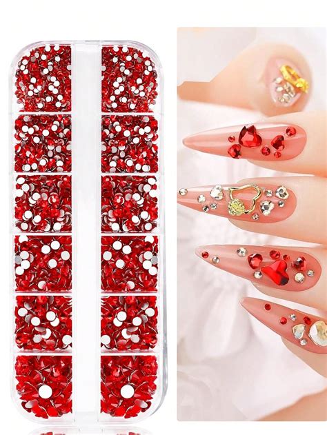 2400pcs Red Nail Art Rhinestone Set, 6 Sizes (1.9-4.5mm) AB Flat Bottom ...