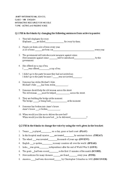 AMITY INTERNATIONAL SCHOOL ENGLISH INTERACTIVE WORKSHEET ON VOICE - Studocu