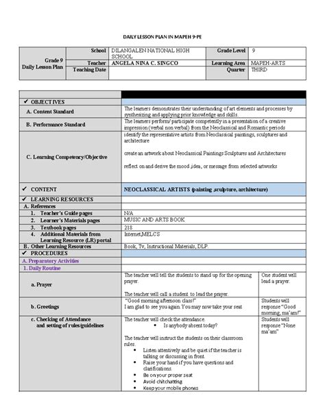 DAILY LESSON PLAN IN MAPEH GRADE 9: NEOCLASSICAL ART - Studocu