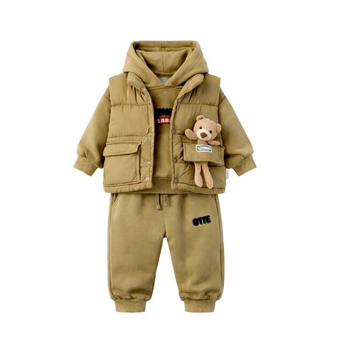 3 Pcs Set, Olive Long Ted Hoodie, Sleeveless Puffer Jacket with Pants