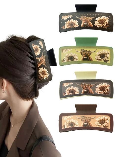 4pcs cute cow hair claws for women, fun animal printed square hair ...