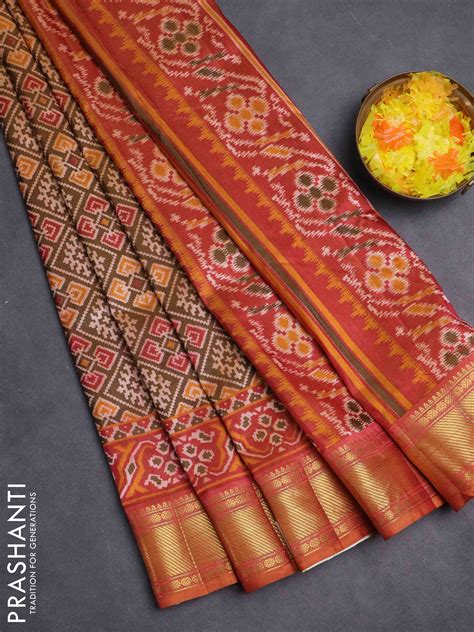 Semi tussar saree sap green and rust shade with allover ikat prints an ...