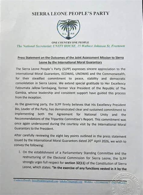 SLPP Rejects Parliamentary Oversight Over ECSL, Calls for Respect of ...