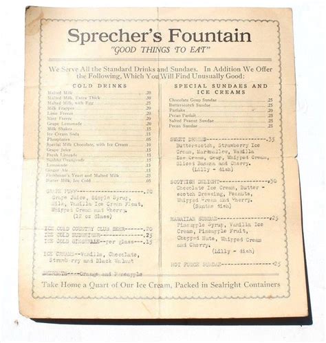 RARE Vintage 1920s - 1930s Sprecher's Fountain Ice Cream Shop & Restau ...