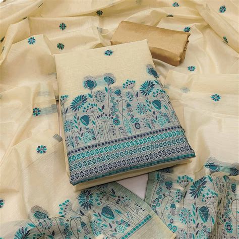 Cream and Blue Dress Material Adorned with Floral Weaving on Chanderi