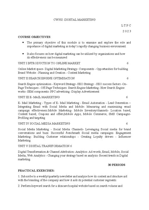 CW332 DIGITAL MARKETING LTPC 2023 COURSE NOTES & OBJECTIVES - Studocu