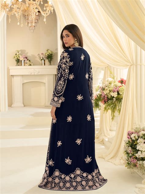 Navy Blue Premium Chinon Silk Heavy Embroidered Jacket Style Gown ...