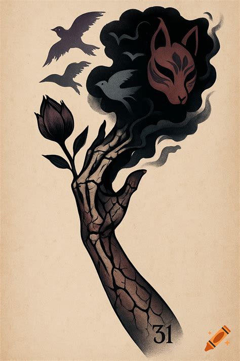 Neotraditional tattoo design of a cat skull with pink flowers, grey leaves, and dotwork swirling ...