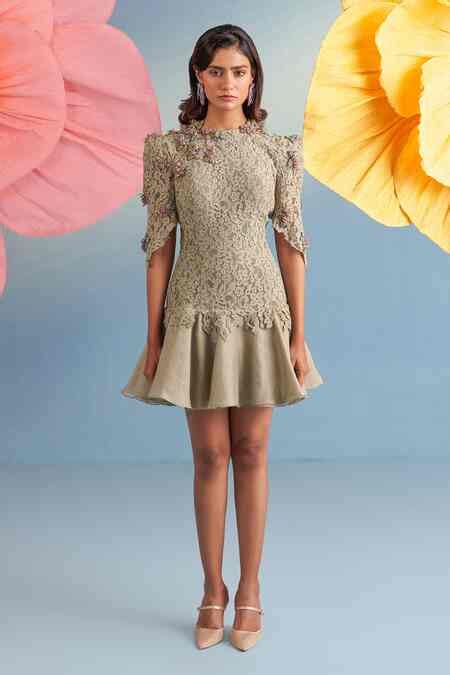 Buy Beige Crepe, Net, Lace Applique, Fabric Flowers High Neck Almond ...