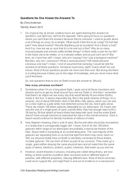 Exploring the Unanswered: Questions of Existence and the Universe - Studocu