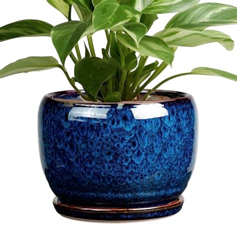 6 inch Ceramic Planter Blue Glaze with Drainage Hole and Saucer for ...