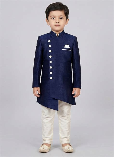 Shop Regal Navy Blue Dupion Silk Kids Boys Indowestern Sherwani Festive ...