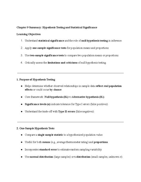 Chapter 9 Summary: Hypothesis Testing and Statistical Significance - Studocu