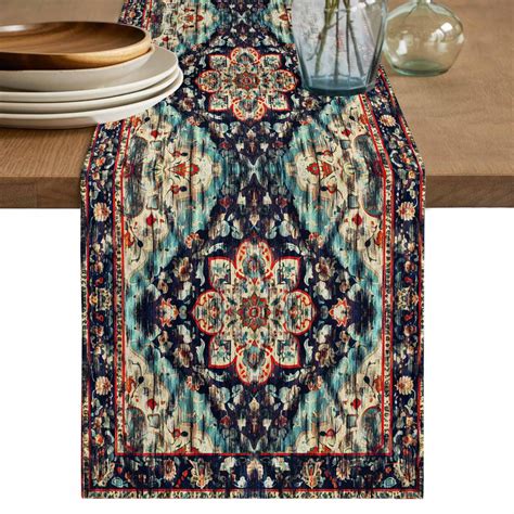 Abstract Red, Table Runner, Blue Black Geometric Contemporary Flower Washable Cotton Linen Table ...