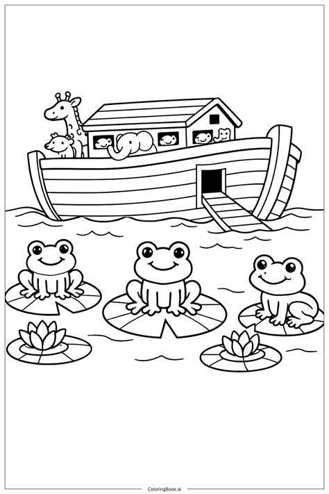 Noah's Ark with Frogs on Lily Pads Coloring Page (Free PDF&PNG Printable)
