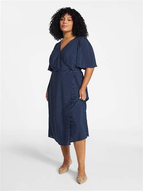 Terra & Sky Women's Plus Size Midi Wrap Dress with Elbow Sleeves, Sizes ...