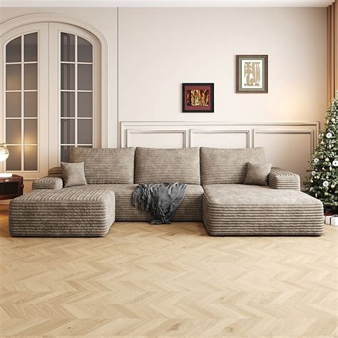 LOVMOR U Shape Deep Seat Modular Sectional Sofa Corduroy Camel Couch ...