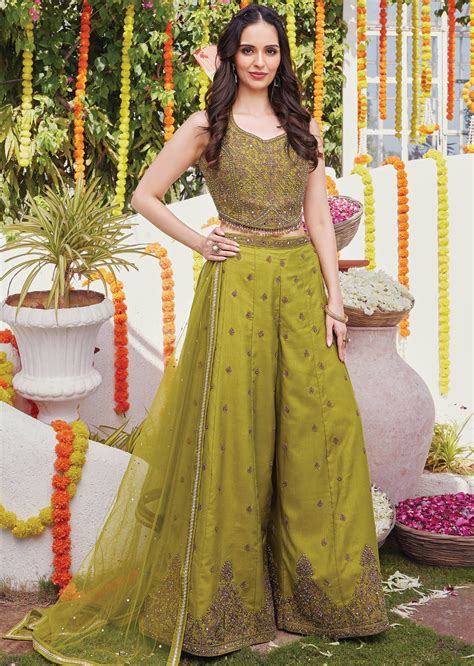 Olive green silk Sharara set