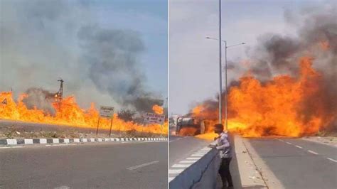 राजस्थान में नेशनल हाईवे पर तेल से भरा टैंकर पलटा, 200 मीटर का आग का ...