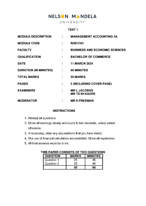 RGKV301 Management Accounting 3A Test 1 Questions - March 2024 - Studocu