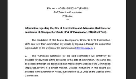 SSC stenographer exam 2026 city intimation slip released: Check direct ...