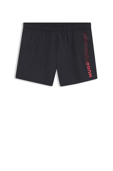 HUGO - Quick-dry swim shorts with vertical printed logos - Black
