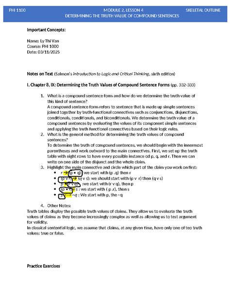 PHI 1100 Module 2: Lesson 4 - Truth Value of Compound Sentences Outline ...
