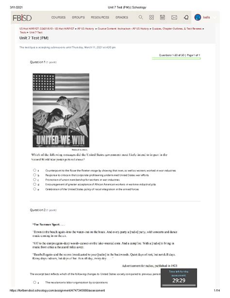 APUSH Unit 7 Test MCQs: Key Concepts and Questions - Studocu