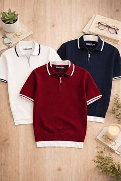 threeoff Men's 3-Pack Polo Neck Knitwear Textured Regular Cotton Multi ...