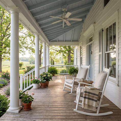 White farmhouse porch with ceiling painted in a pale blue-grey haint ...