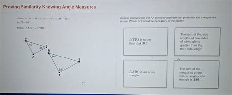 Solved: Proving Similarity Knowing Angle Measures Given: m∠ B=46°;m∠ C ...