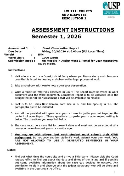 LW 111 Court Observation Report Guidelines - Assessment 1, 2026 - Studocu